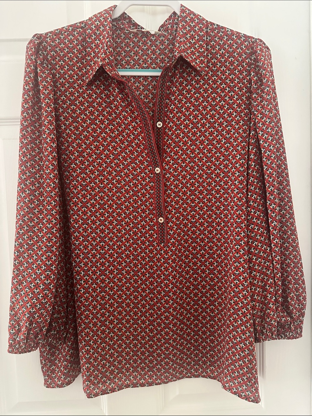 Max Studio Red Geometric Print Button-Front Tunic